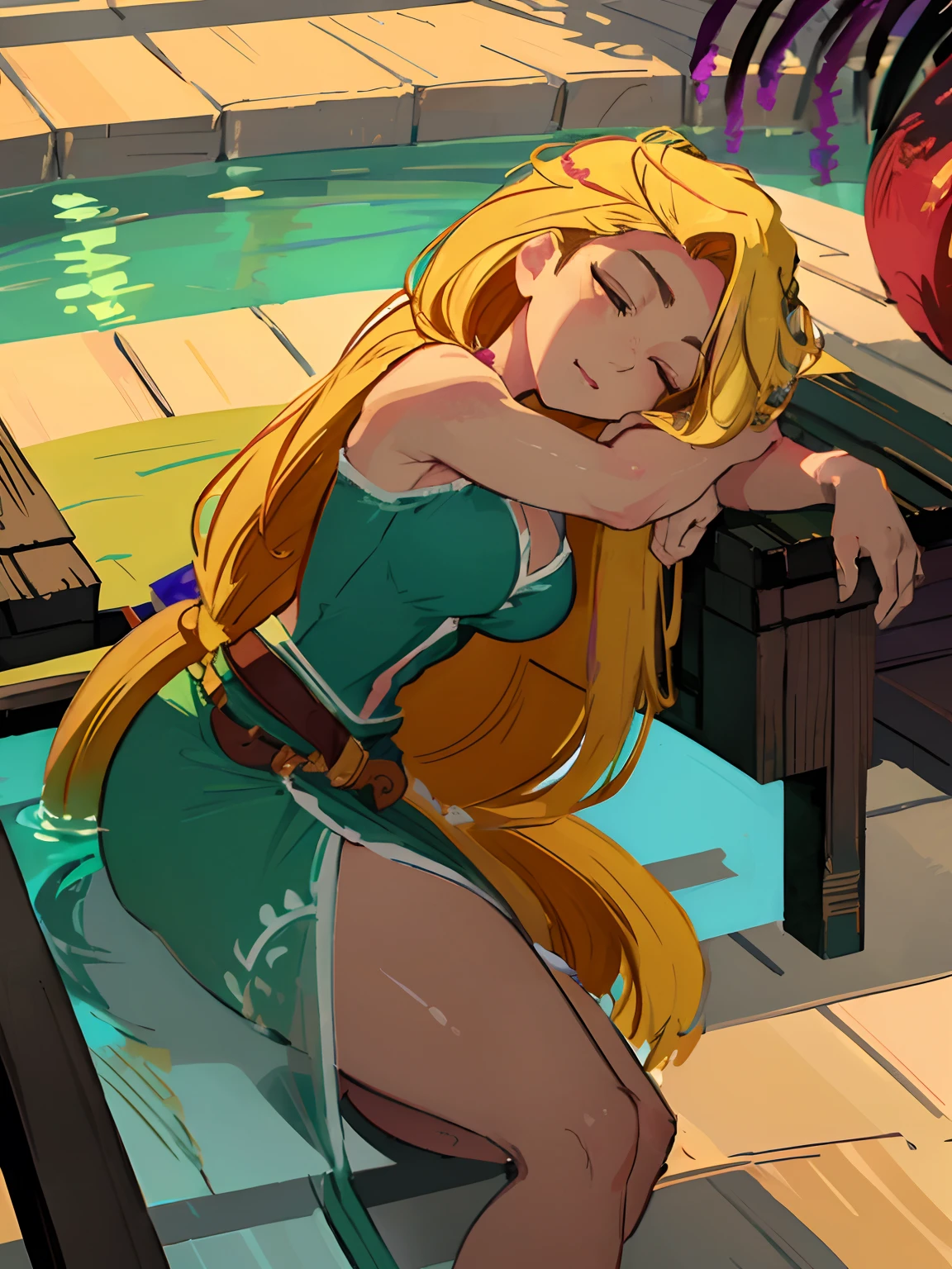 (masterpiece, best quality, high resolution: 1.5) rapunzel, relaxing on her back, sleeping, laying in pool, green island outfit, (loose hair: 1.9), wet skin, great smile, green eyes, arms laid at Rapunzel's side