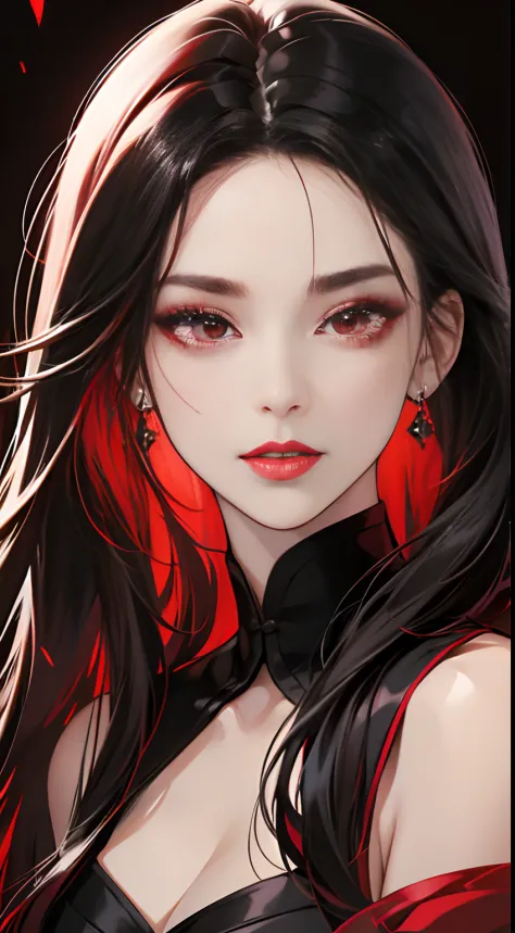 (Best Quality,4K,High resolution),Red highlights on black hair、Woman with long straight hair、sharp eye、Red Eyes、glares、Eyes aiming at prey、Red Eyeliner、red-lips、ssmile、Facial do-up、No unnecessary depictions on an all-black background