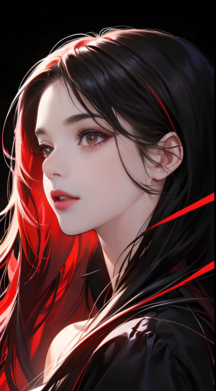 (Best Quality,4K,High resolution),Red highlights on black hair、Woman with long straight hair、sharp eye、Red Eyes、Lonely profile staring into the distance、Red Eyeliner、red-lips、Facial do-up、No unnecessary depictions on an all-black background、