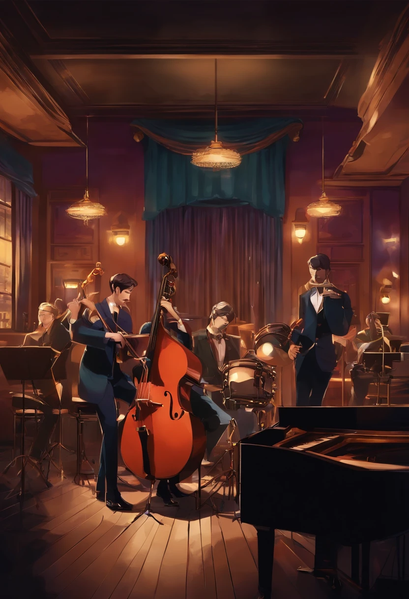 Anime scene of a band playing music in a jazz club, Quinteto de jazz -  SeaArt AI