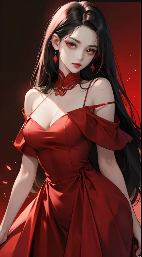 (Best Quality,4K,High resolution),Red highlights on black hair、Woman with long straight hair、sharp eye、Red Eyes、A look that disdains the viewer、Red Eyeliner、red-lips、Crimson Retro Dress、Reach out to us、No unnecessary depictions on an all-black background、