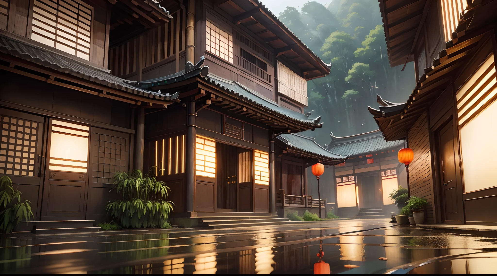 backgroun)), (bamboo road), (Chinese style), (real and anime style), cinematic lighting, depth of field, depth of field, depth of field, depth of field, depth of field, ray tracing, reflection light, masterpiece, high details, high quality, 1080P, HD, best quality, highres