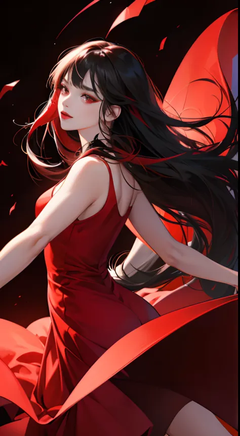 (Best Quality,4K,High resolution),Red highlights on black hair、Woman with long straight hair、sharp eye、Red Eyes、Red Eyeliner、red-lips、Crimson Retro Dress、Dancing like dancing、No unnecessary depictions on an all-black background、