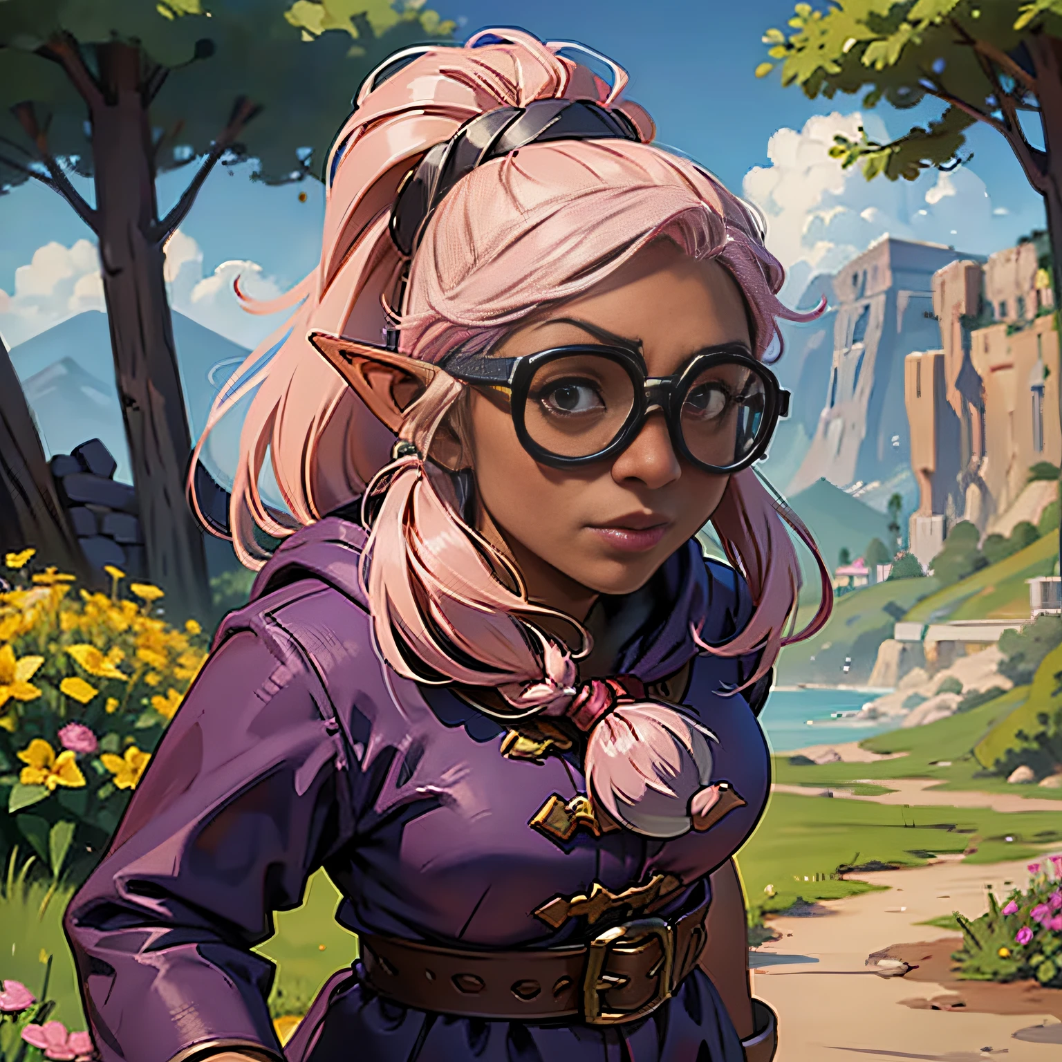 Dnd portrait de gnome, gnome femelle adulte, peau sombre, Cheveux rose bonbon, twintails topknot, des lunettes de protection