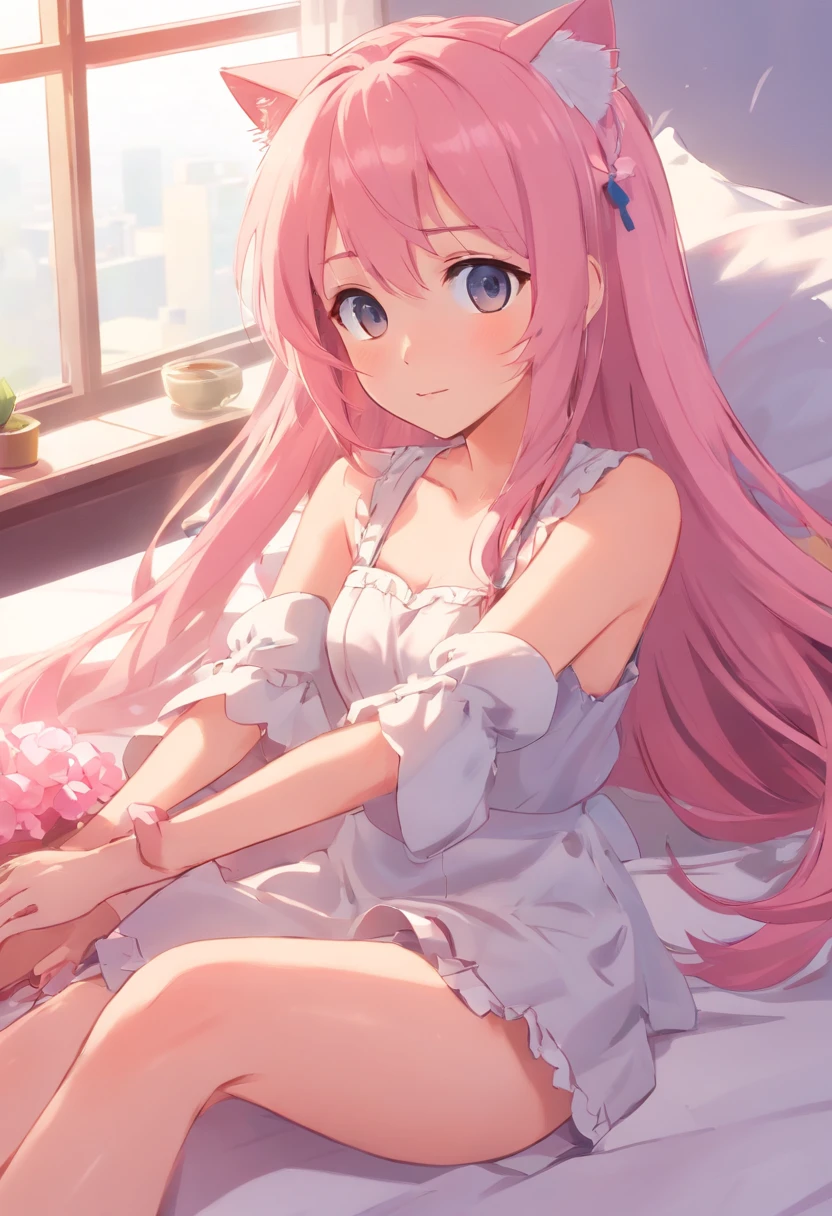 one-girl，Pink Long Hair，Qi bangs，Pink cat ears，Pink cattail，Black maid outfit，maid headdress，Lie down in bed，Shy eyes，Lie on your face，full bodyesbian，Grab the chest with your left hand，hyper HD