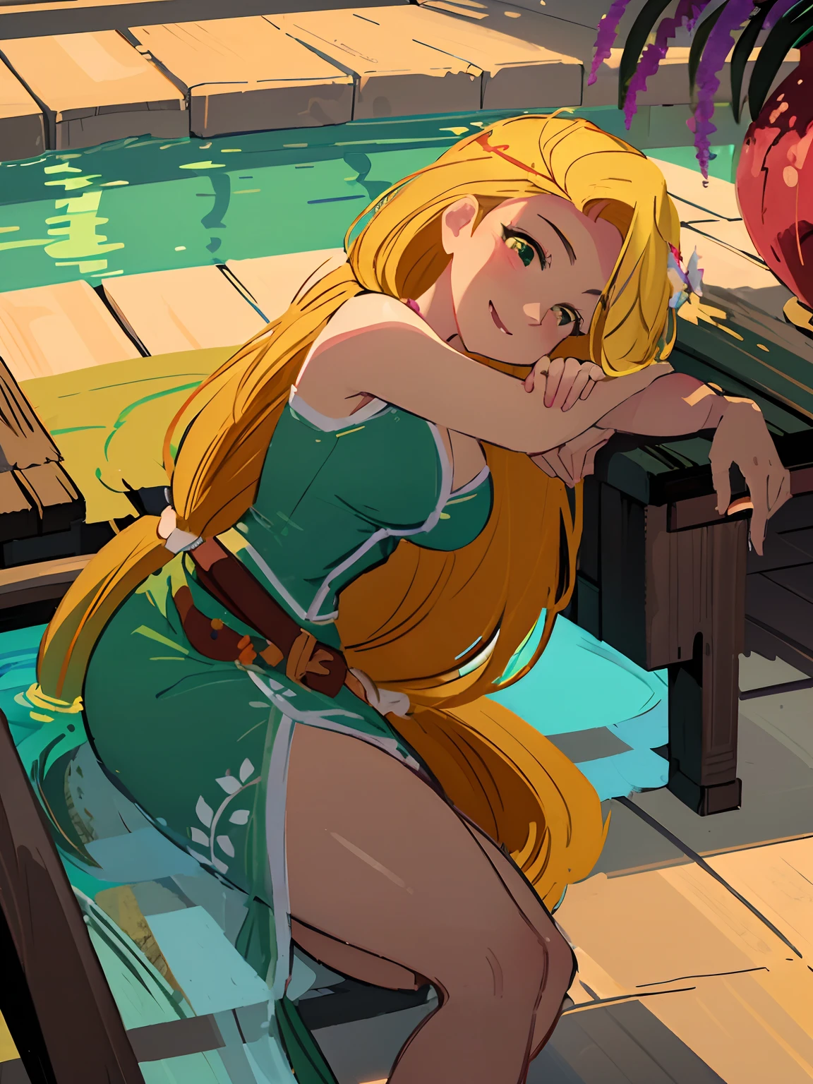 (masterpiece, best quality, high resolution: 1.5) rapunzel, lieing on her left side, faces the viewer, lieing underwater, green island outfit, (loose hair: 1.9), great smile, green eyes, Rapunzel is flirty, Rapunzel kisses the screen