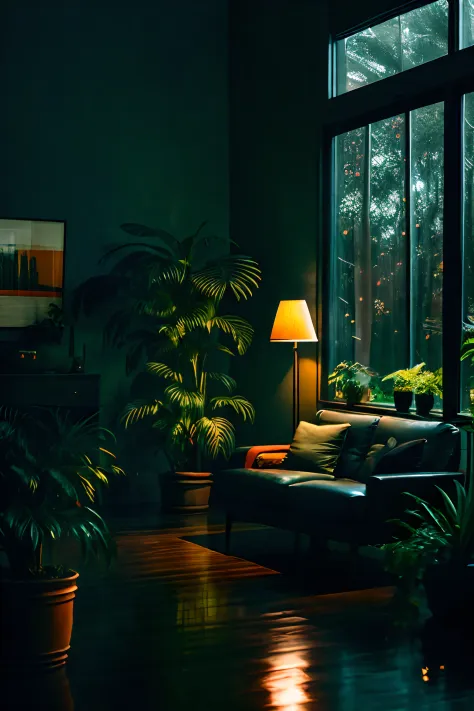 midcentury modern living room dimly lit with dark rainy evening outside, (foggy rainy evening:1.2), pacific northwest, (dim lighting:1.4), (moody lighting:1.2), plants, large plants, rainy, monstera, many plants, (foggy windows:1.2), masterpiece, best qual...