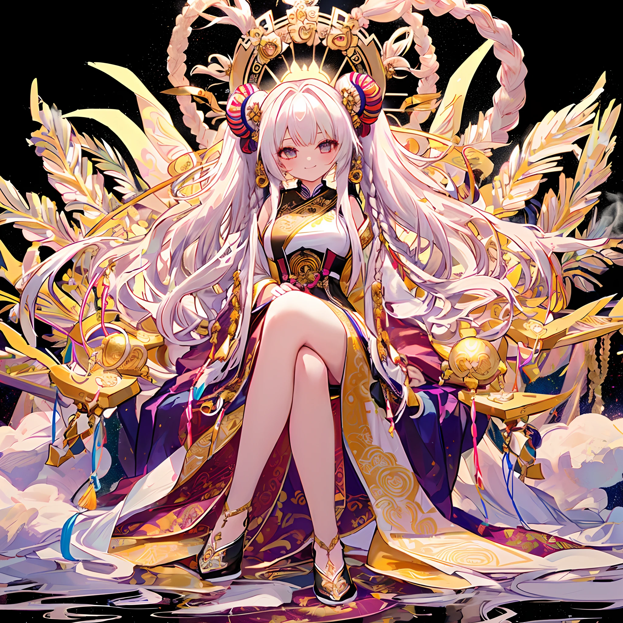 masterpiece, best quality, high quality, 1girl, solo, there is a girl sitting on a throne with a lot of hands, (dreadlocks:1.4), (drill hair, afro, ponytail, two side up, hime cut, twintails, braid, hair bun:0.8), (wavy multicolor hair:1.2), (smokeanywhere:1.4), piercing, smirk, to sit cross-legged on the floor, Put palms together, thousand-armed Buddhist of Mercy motif, thousand-arms appearing from her behind, black background, surrounded by a halo, solemn and mysterious atmosphere