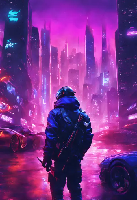 （tmasterpiece，top Quority，best qualtiy，offcial art，Beauty and aesthetics：1.2），（Blue-violet Neon Lighting），（Vibrant glow），Dynamic colors，Vivid Contrast，Futuristic atmosphere，electric energy，shiny reflective surfaces，（view over city：1.3 ),8k,offical wallpape...