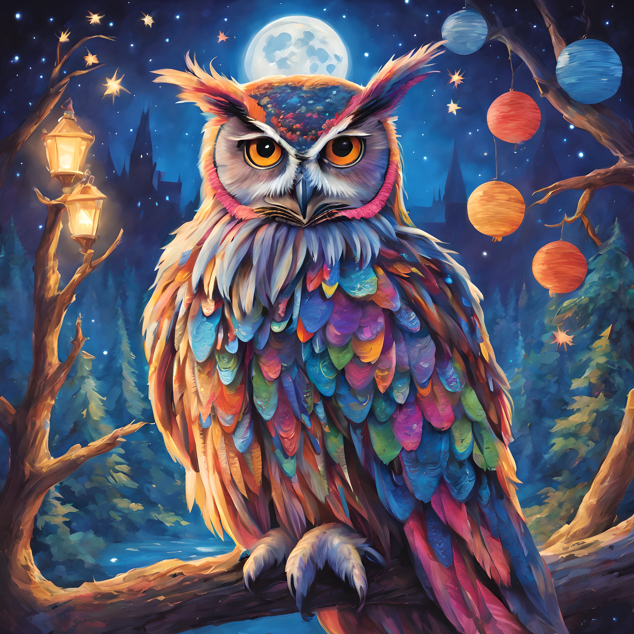 chouettes、nuit de pleine lune、Hibou coloré、Harry Potter、chouettes、Chouette magique、un monde magique、monde fantastique、