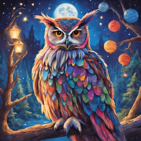 owls、full moon night、colorful owl、harry potter、owls、magic owl、a magical world、fantasy world、