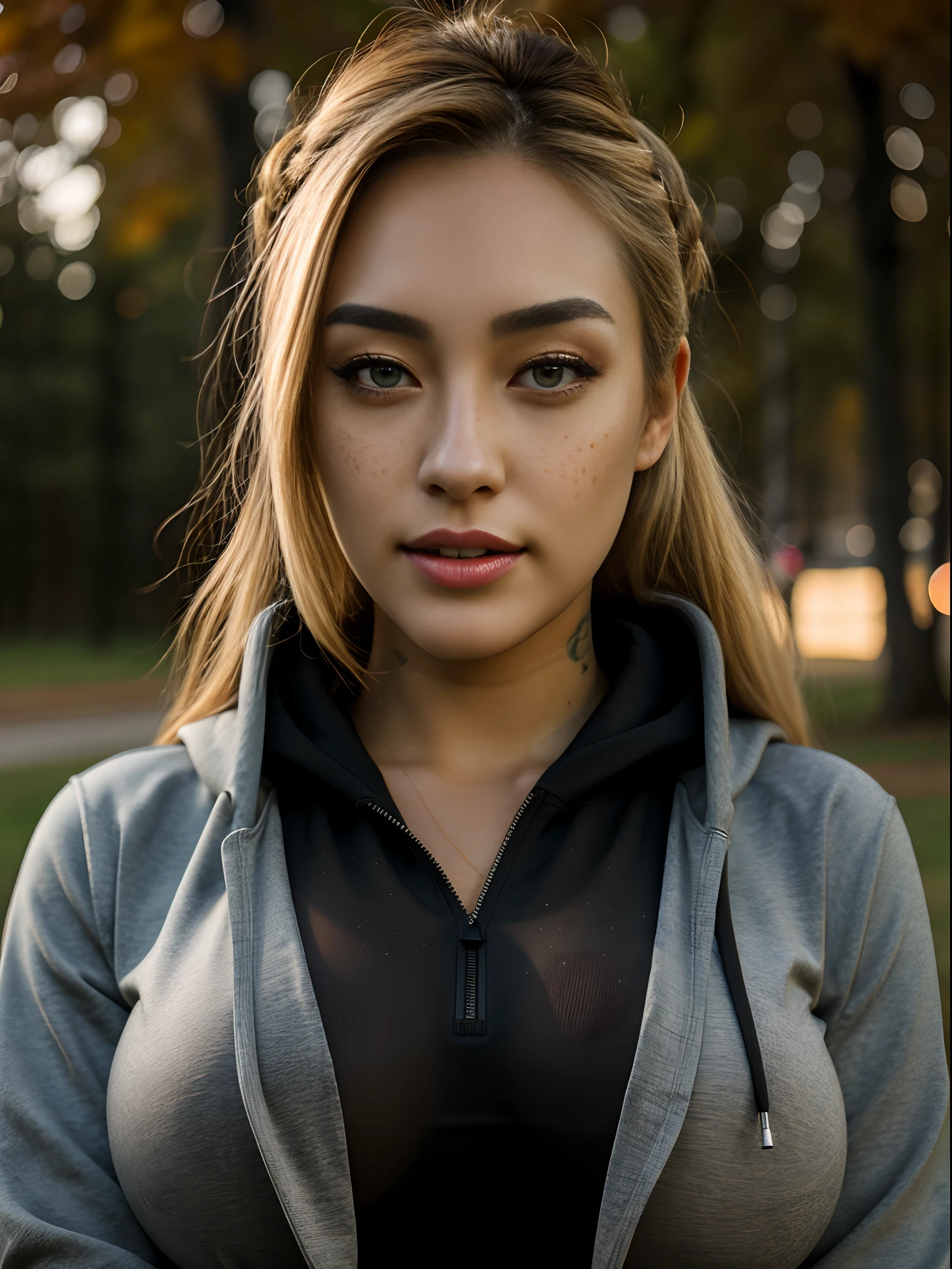 25 years old, woman, gorgeous cute Korean girl, (masterpiece, best quality, hires, high resolution:1.2), (extremely detailed, realistic, intricate details, highres), 1girl, solo, blonde hair, Greek Goddess Updo, dark eyes, freckles, light smile, wearing hoodie with yoga pants, (big breasts, thick thighs, wide hips), lying face down, head toward the camera, autumn, (cinematic lighting, volumetric, evening), looking at viewer, facing viewer, eye-level shot, extreme close-up-shot, full body, tattoo on face,