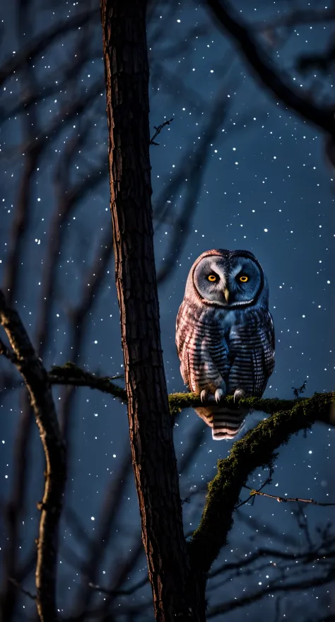 A solitary owl, perched on a thick branch in the night, the only source of light is the moon, which casts a ghostly glow on the owl's features, creating an atmosphere of serene solitude, Photography, DSLR with a 85mm lens at f/1.4