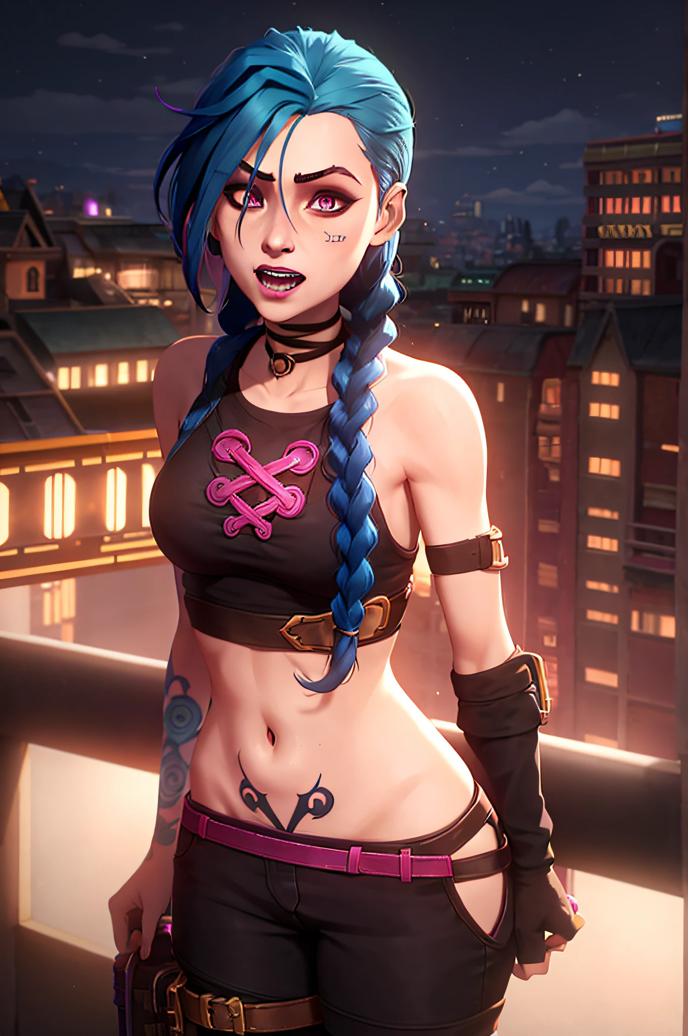 arcane style,

1girl, arm tattoo, asymmetrical bangs, bangs, blue hair, braid, brown shirt, cloud tattoo, looking at viewer, laughing, crazy, uncontrollable laugh, mad look, night, city, green hair, long hair, midriff, pink eyes, red lips, shirt, solo, standing, tattoo, twin braids, upper body, arcane jinx, jinx \(league of legends\)