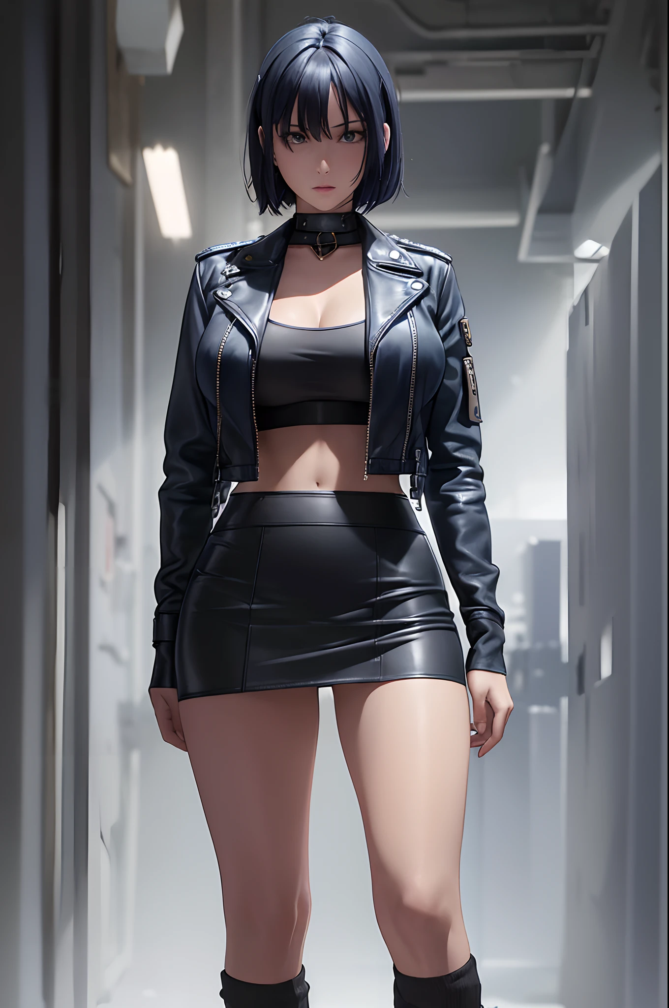 Perfect art, FHD, highly resolution, solo woman, beautiful woman, dark blue hair is short and soft, beautiful face and detailed eyes, leather short jacket, nipples patchs, she is standing, skirt, she show off her thong, black long socks, massive breasts, serious face, perfect sexy body, normal view, apocalyptic background.