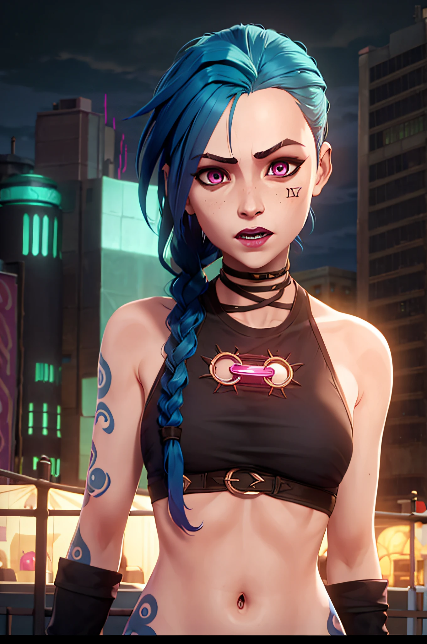 arcane style,

1girl, arm tattoo, asymmetrical bangs, bangs, blue hair, braid, brown shirt, cloud tattoo, looking at viewer, laughing, crazy, uncontrollable laugh, mad look, night, city, green hair, long hair, midriff, pink eyes, red lips, shirt, solo, standing, tattoo, twin braids, upper body, arcane jinx, jinx \(league of legends\)