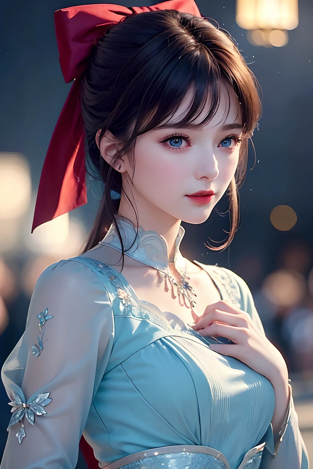 (Extremely delicate and beautiful: 1.2), 1girl in, Bangs, Blue eyes, blur, blur backgroun, Bow, Brown hair, Shut up, Side view, hair between eye, Hair Bow, lantern, light Particle, Long sleeves, Watch the audience, Medium Hair, Night, Red bow, Solo, Stars(symbol), Upper body, Smile, Red lips