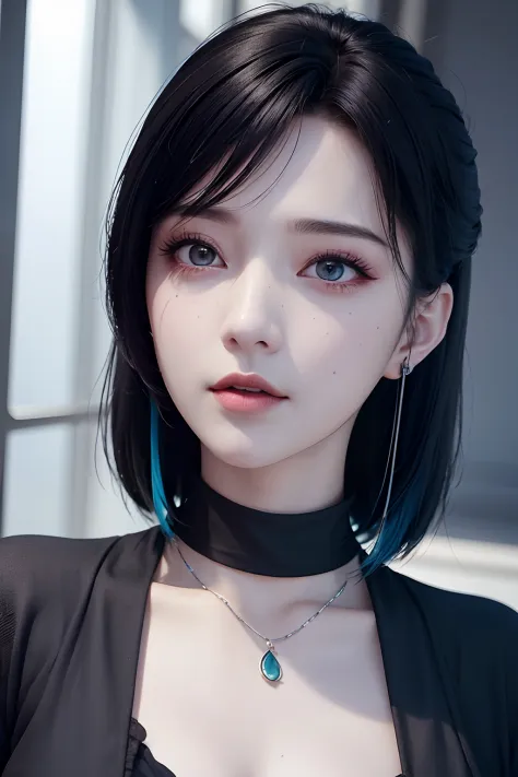 masutepiece, Best Quality,。.3D Lending Works ,。.3DMM Style,close-up,Portrait, 。.3D,1girl in, Solo, multicolored hair, Blue hair, Black hair, Necklace, freckle, Jewelry, Two-tone hair, Looking to the side, Realistic, Upper body, Simple background, Bangs, Lo...