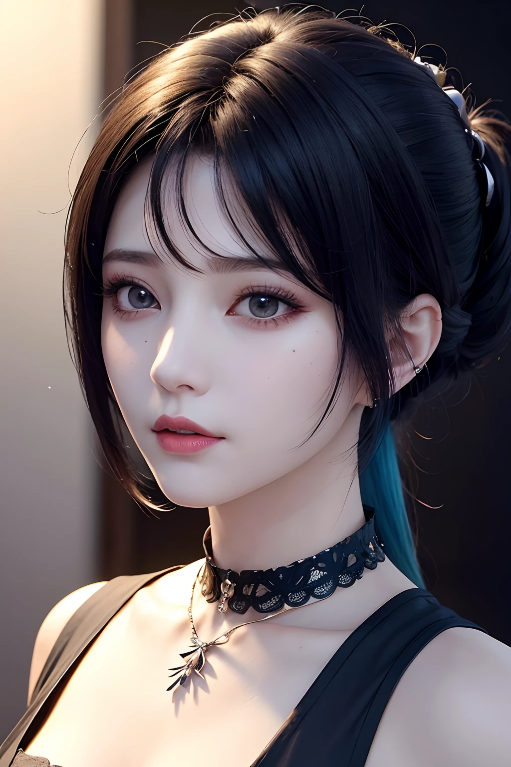 masutepiece, Best Quality,。.3D Lending Works ,。.3DMM Style,close-up,Portrait, 。.3D,1girl in, Solo, multicolored hair, Blue hair, Black hair, Necklace, freckle, Jewelry, Two-tone hair, Looking to the side, Realistic, Upper body, Simple background, Bangs, Looking away, Short hair, Parted lips, Black eyes, Lips, Gothic, Choker, makeup, Mole, Black shirt, Shirt, watermarked