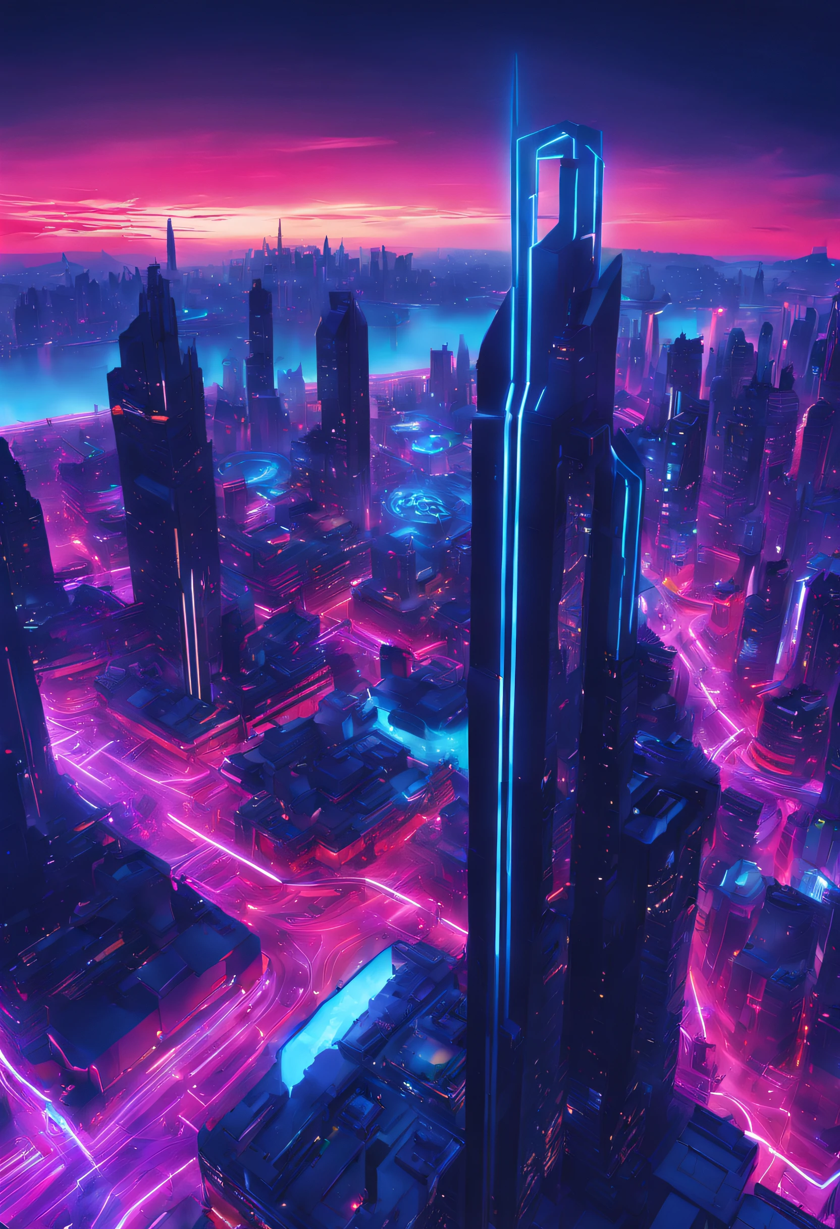 （tmasterpiece，top Quority，best qualtiy，offcial art，Beauty and aesthetics：1.2），（Blue-violet Neon Lighting），（Vibrant glow），Dynamic colors，Vivid Contrast，Futuristic atmosphere，electric energy，shiny reflective surfaces，（view over city：1.3 ),8k,offical wallpaper,(cyberpunk:1.2),future（ak47CLUBLOGO）