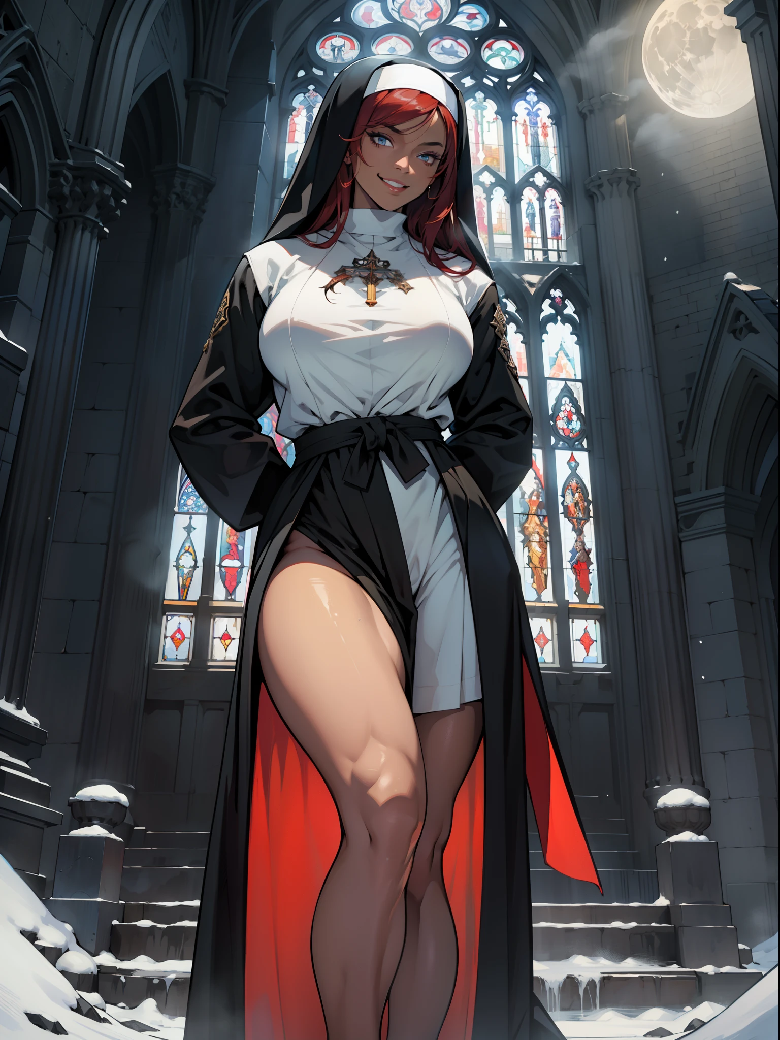 (high resolution, The pixels are perfect, luxurious illustration), (hyper qualit, Masterpiece, Ethereal: 1.4), (((completely :1.1)))，nun,((best quality)), ((masterpiece)), ((realistic)), ((beautiful muscular female )), Under the soft light of a full moon, a captivating muscular nun with fiery red hair cascading down her back gazes intently, her eyes a piercing amber. Adorned with intricate black tattoos, she exudes power and grace. Dressed in a nun costume, she stands amidst a snow-covered landscape, with the divine European church standing tall behind her, its stained glass windows reflecting the moon's ethereal glow on eye level, scenic, masterpiece.，in churches，((open legs:1.1))，Mature female，Black areola, (female pubic hair:.1)，(((The breasts seem to overflow from Tabad)))，wetted skin， (((A MILF: 1.4))), (Curvy:1.35),((((Dark skin))))，Long hair，Curvy physique,  Thick body,((Sexual suggestiveness))，Seductive smile，high-heels, (visible pubic hair through clothing:1.1), (naughty smile:1.1), wide hips, thin waist