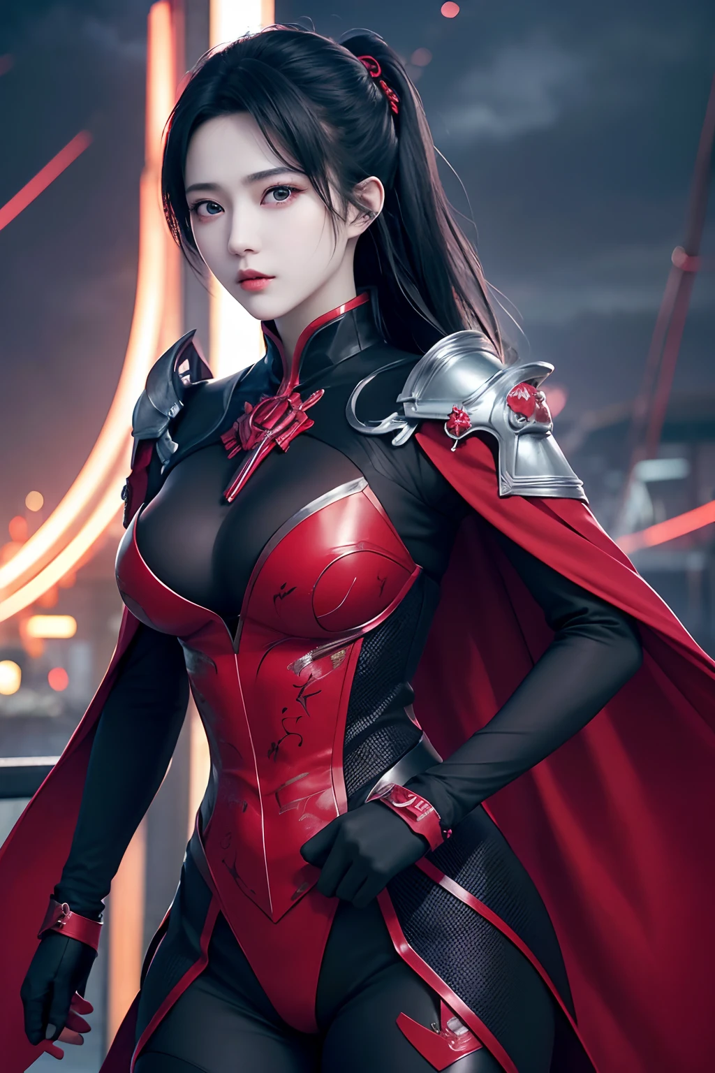 1 japanese girl, War Frame, complex pattern, heavy metal, energy line, Faceless, Glowing eyes, Elegant, Formidable, Blood red and black uniform, Solo, Modern, city, A city scape, dark clouds, thunderstorm, Heavy rain,, Dramatic Lighting,, (masutepiece:1.2), Best Quality, High resolution,   Beautiful detailed, Extremely detailed, Perfect Lighting,