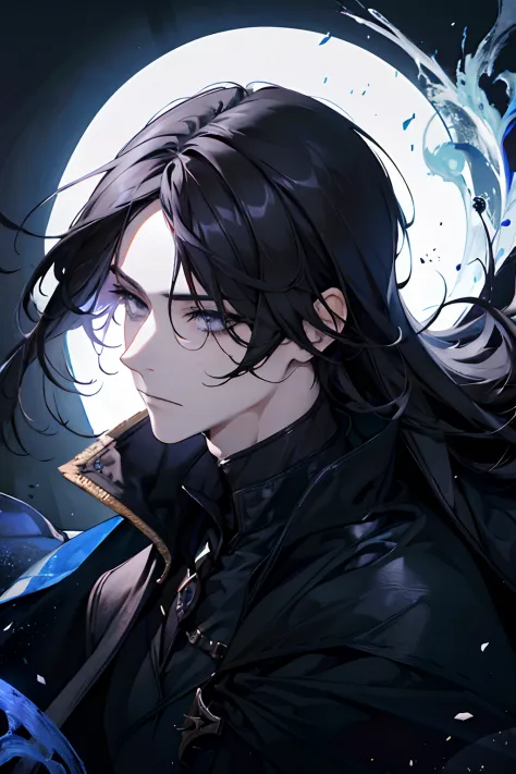 1male, mature, adult, adult face, longer hair, straight black hair that covers one eye, grey eyes, calm, dark sorcery, fantasy, ...