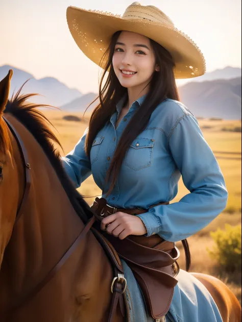 (best quality,8k,realistic,ultra-detailed) A girl wearing a cowgirl outfit and a cowboy hat, riding on a realistic horse while looking at the viewer with a beautiful smile. Vibrant colors and sharp focus capture the scene, bringing it to life. The girl's e...