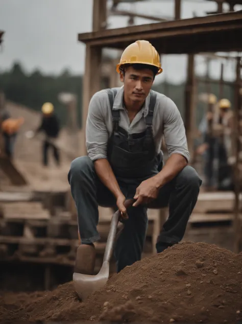 Lossless HD、4K、Excellent quality、Young men、with short black hair、Gray overalls、Wear a hard hat on your head、Dirty clothes、With a shovel in his hand、Work on the construction site