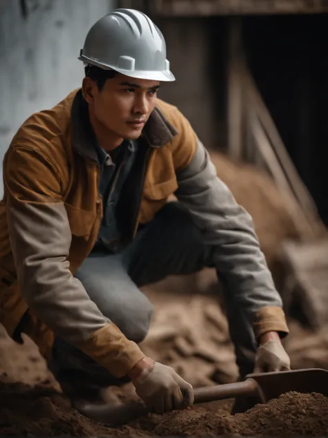 Lossless HD、4K、Excellent quality、Young men、with short black hair、Gray overalls、Wear a hard hat on your head、Dirty clothes、With a shovel in his hand、Work on the construction site