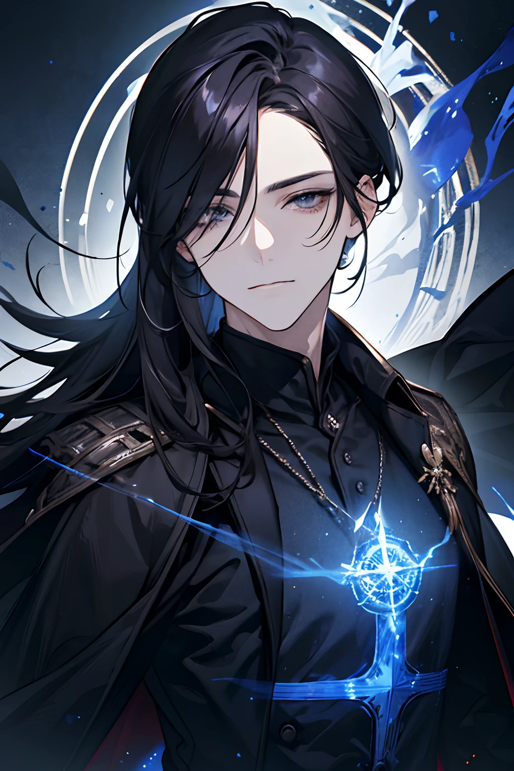 1male, mature, adult, adult face, longer hair, straight black hair that covers one eye, grey eyes, calm, dark sorcery, fantasy, medieval times, dark mage robes, close up