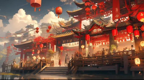 architecture, east asian architecture, scenery, lantern, pagoda, outdoors, sky, paper lantern, cloud, bird, building, tree, stan...