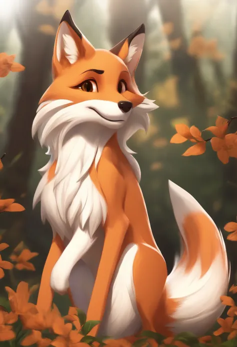 (best quality,highres,ultra-detailed,realistic:1.37),femboy fox,[big paws],[fluffy tail],beautiful detailed eyes,small button nose,[cute pointy ears],soft fur,[vibrant orange fur],[charming smile],graceful posture,[curved tail],[striking red coat],playful ...