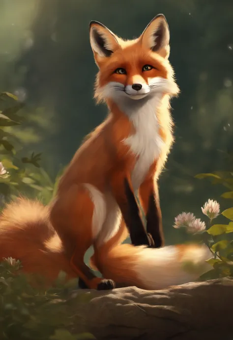 (best quality,highres,ultra-detailed,realistic:1.37),femboy fox,[big paws],[fluffy tail],beautiful detailed eyes,small button nose,[cute pointy ears],soft fur,[vibrant orange fur],[charming smile],graceful posture,[curved tail],[striking red coat],playful ...