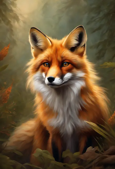 "(best quality,ultra-detailed,realistic:1.37),beautiful female fox with long fur and expressive eyes,graceful and confident pose,sharp focus on her delicate paws,rich and vibrant color palette,soft and warm lighting,medium:oil painting,featuring surrealist...