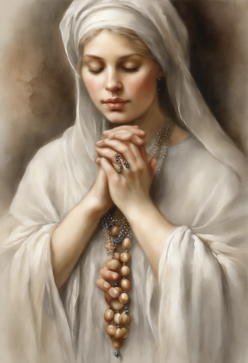 delicate hands, in a position of prayer, holding a rosary, realista, in high definition