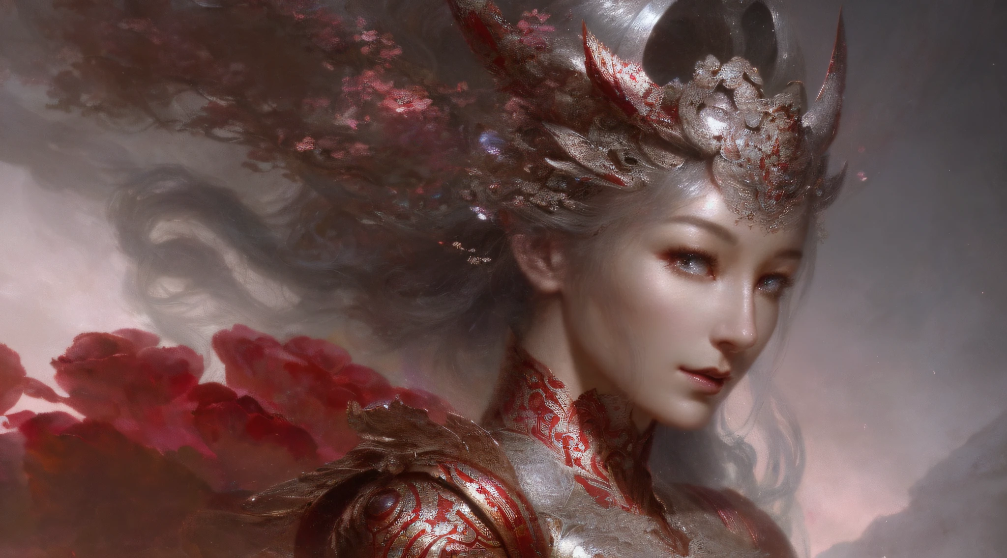 Allein，Nahaufnahme einer Frau in einem silbernen und roten Kleid，Pan Chengwei on ArtStation，von Yang J，detaillierte Fantasy-Kunst，atemberaubende Charakterkunst，Fanart Meilleure ArtStation，epische exquisite Charakterkunst，schöne Rüstung，Extrem detaillierter Kunstkeim，Detaillierte digitale Anime-Kunst，Artgerm on ArtStation Pixiv，rüstung mädchen