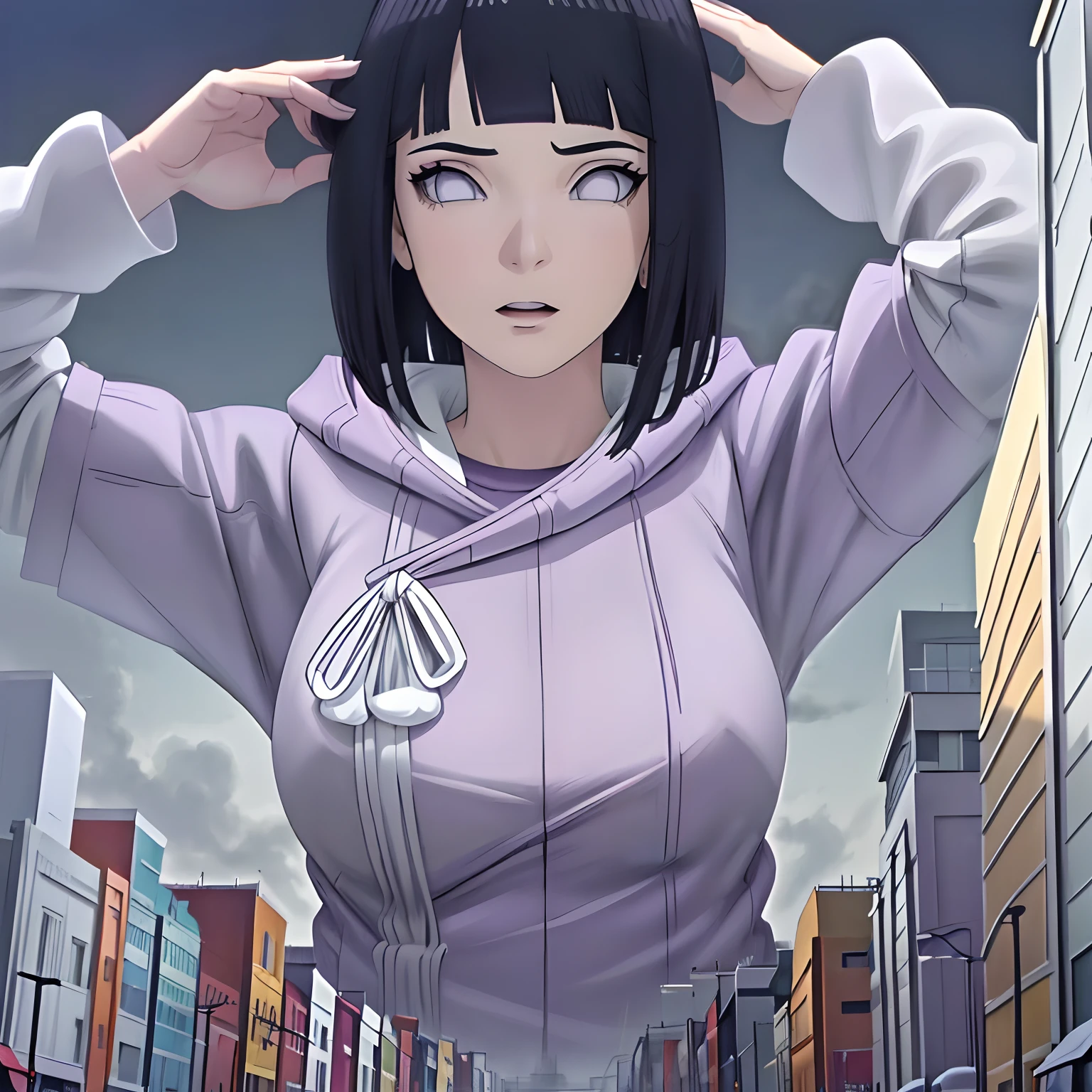 Anime girl dans un sweat à capuche violet debout dans une rue de la ville -  SeaArt AI