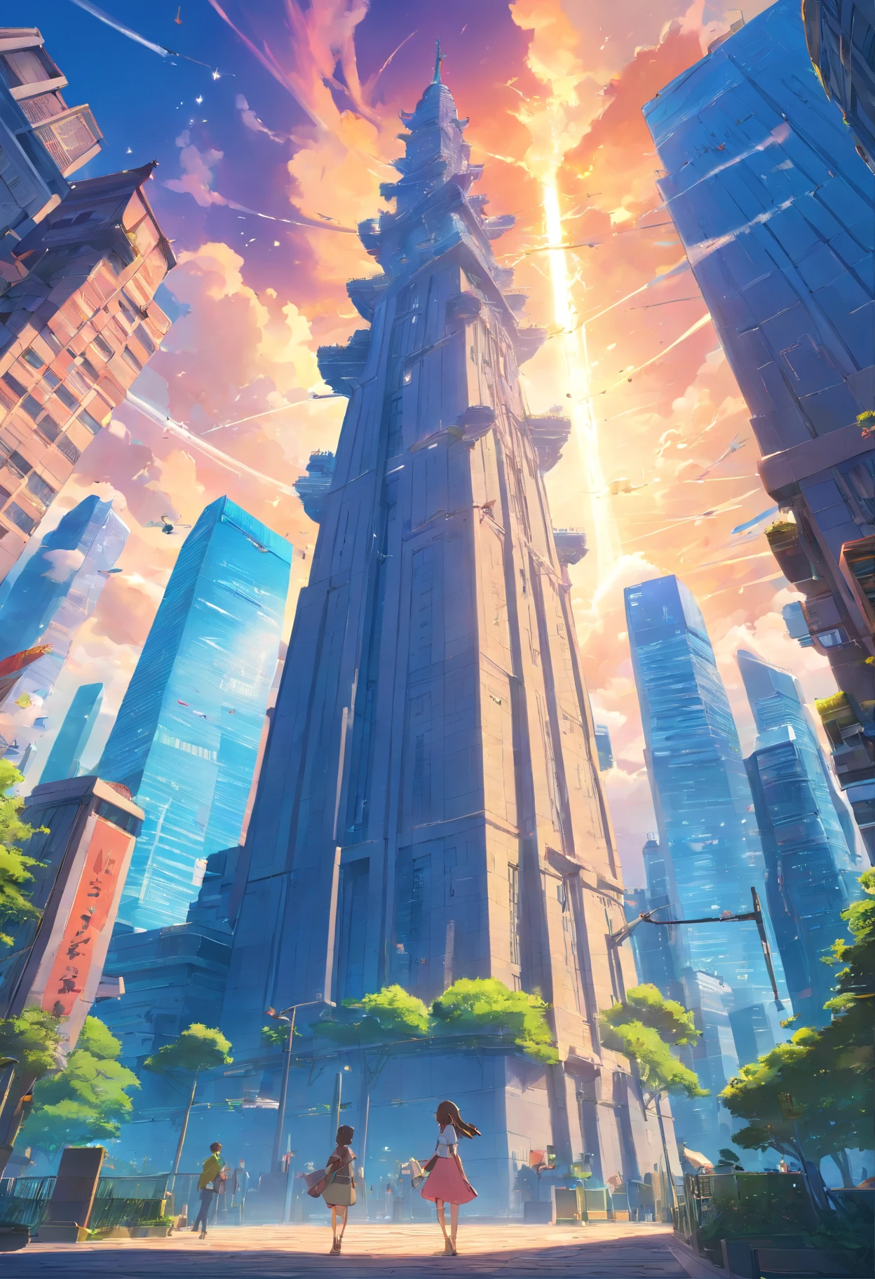 Fantasy Tower of the Land, Sky-high buildings, MagicWorld, cloud, A tower surrounded by magical elements, Magical creatures, Magic Beast, Cinematic, intricately and hyper-detailed, (ultra-detailed CG unity 8k Wallpaper), Shot from below, low angles, one-point perspective