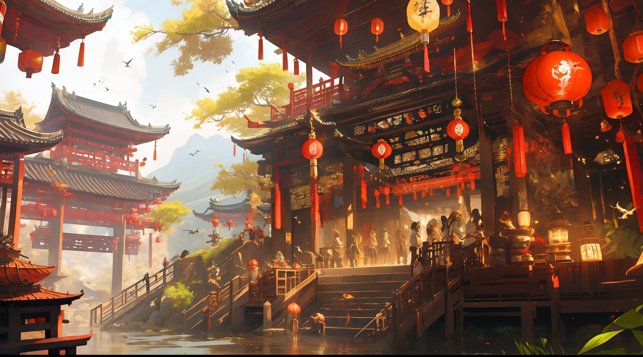 architecture, architecture est-asiatique, paysage, lanterne, pagode, En plein air, Ciel, lanterne de papiere, nuage, oiseau, bâtiment, arbre, debout, montagne, pont, holding, plusieurs filles, 6+garçons, jour, chef-d&#39;œuvre, Meilleure qualité,