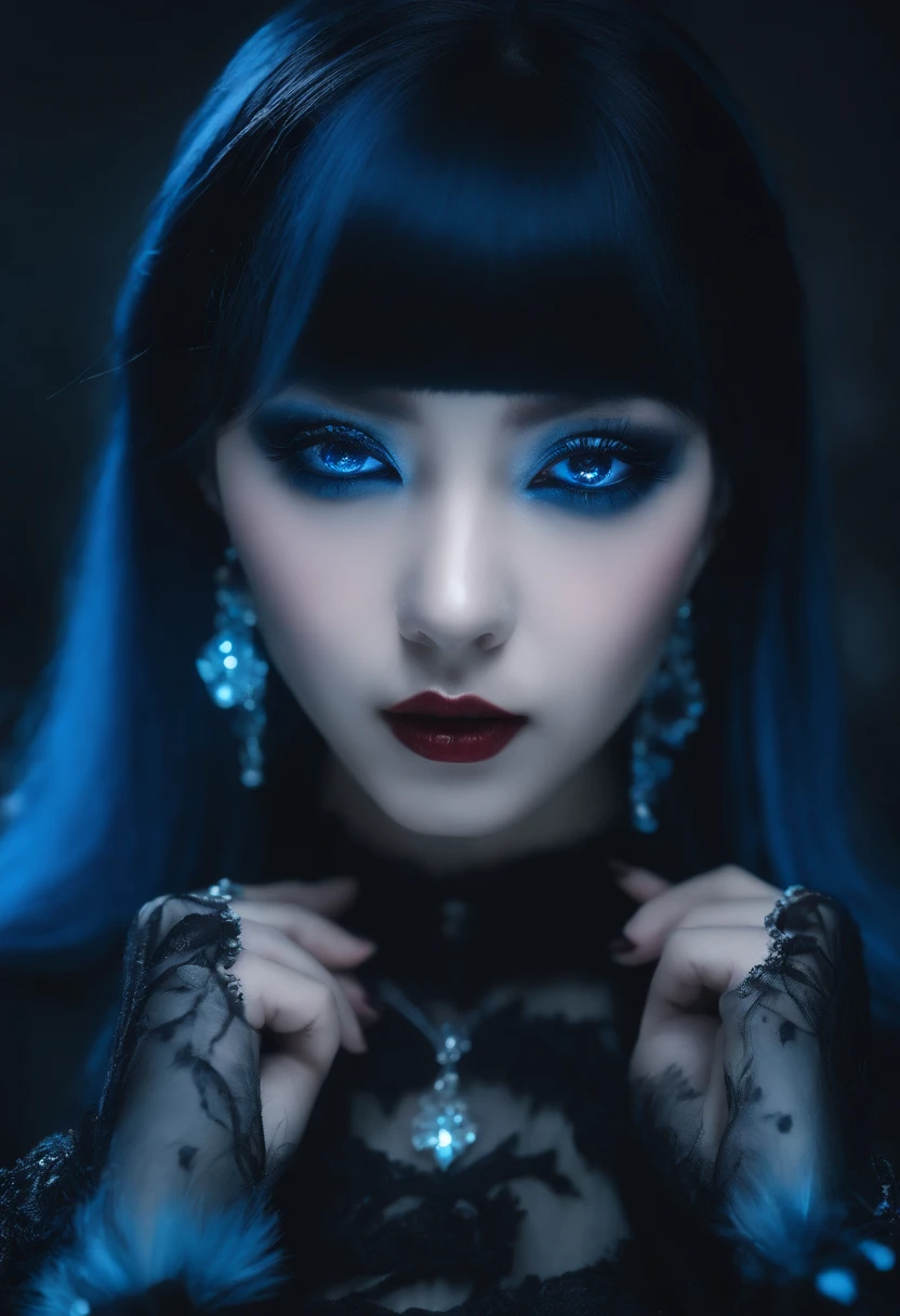 Close up portrait of a pretty, goth girl with dark hair posing in