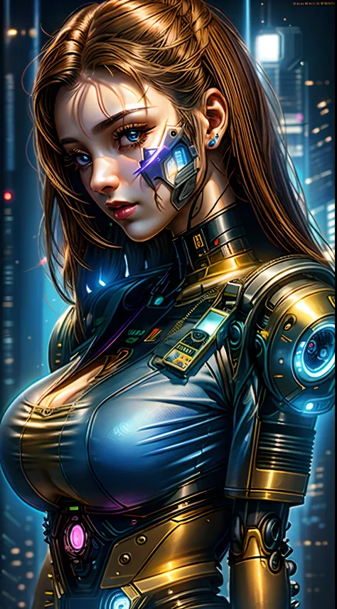 um close up de uma mulher com um peito muito grande, ciborgue - menina, menina ciborgue, Quebrado bonito android feminino!, cybo...