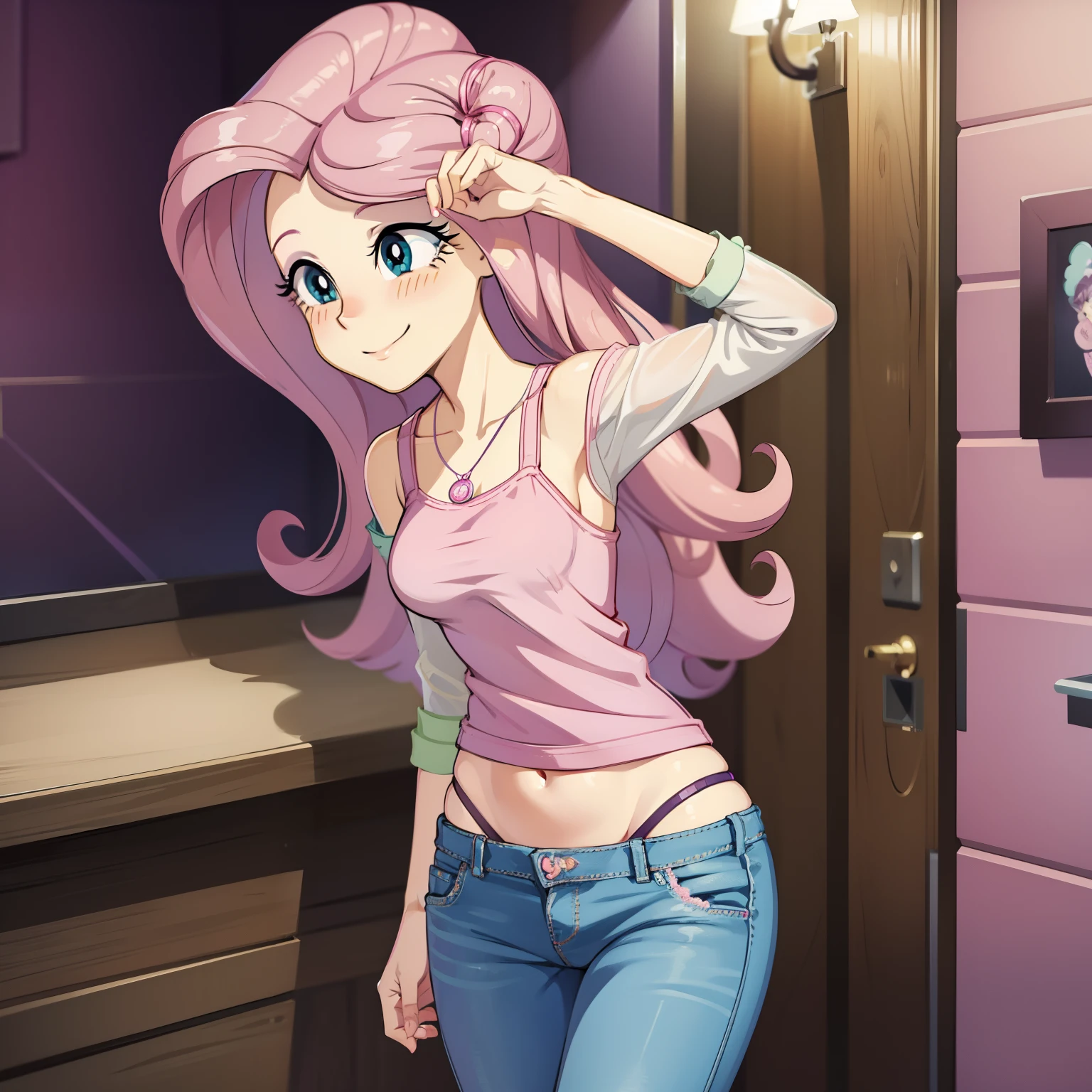 Fluttershy, sexy jeans, pants falling down, cute panties, sexy panties, Fluttershy Equestria girls, blushing, smiling cute, Fluttershy, cuerpo completo, high resolusion