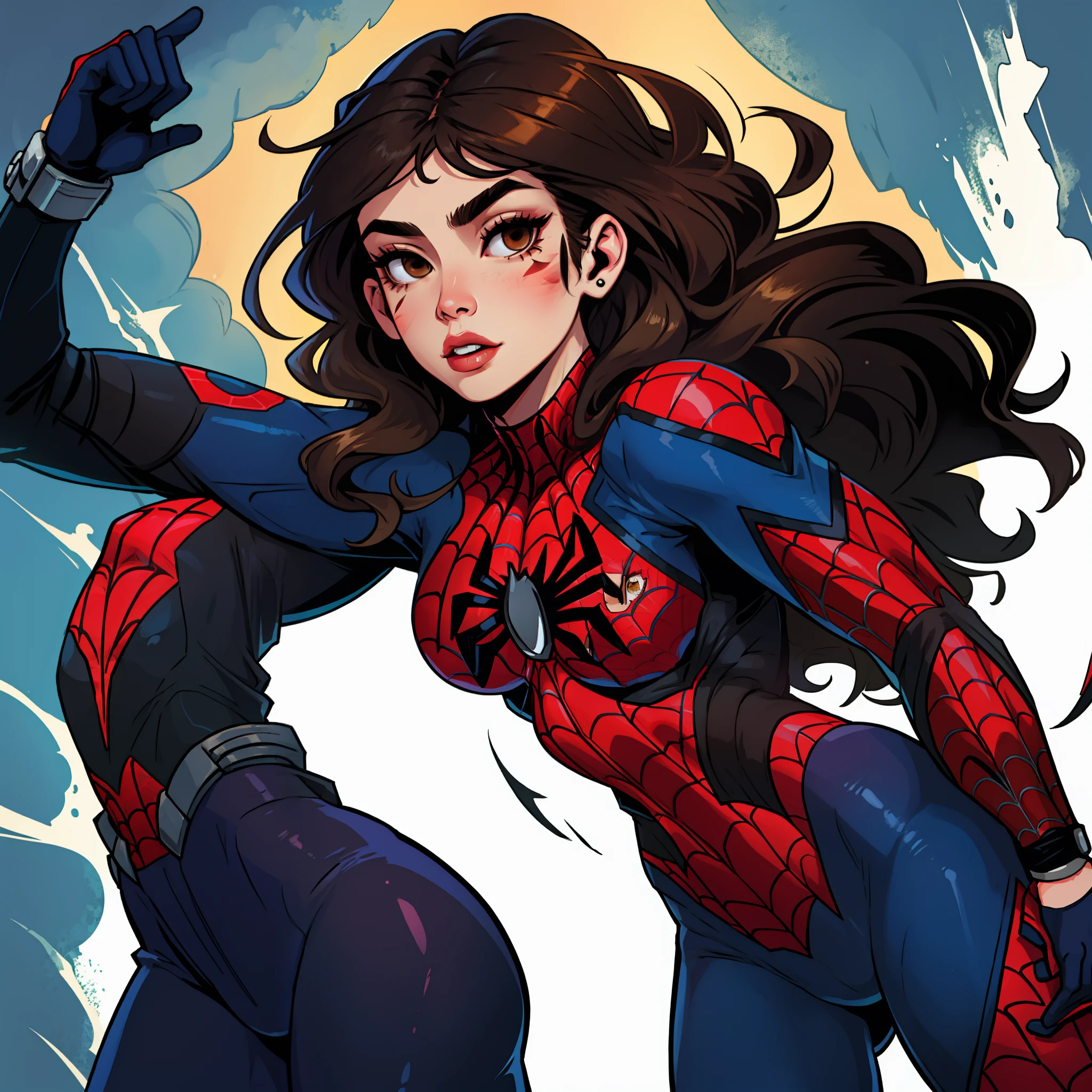 A woman in a spider - man suit is standing in front of a blue sky - SeaArt  AI