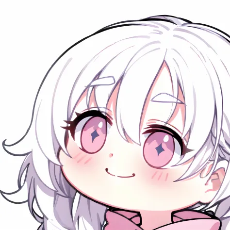 Anime girl with white hair and pink hoodie, Cute anime face, kawaii realistic portrait, anime moe art style, nyaruko-san, extremely cute anime girl face, cute natural anime face, anime style portrait, In an anime style, [[[[grinning evily]]]], Chibi Girl, ...
