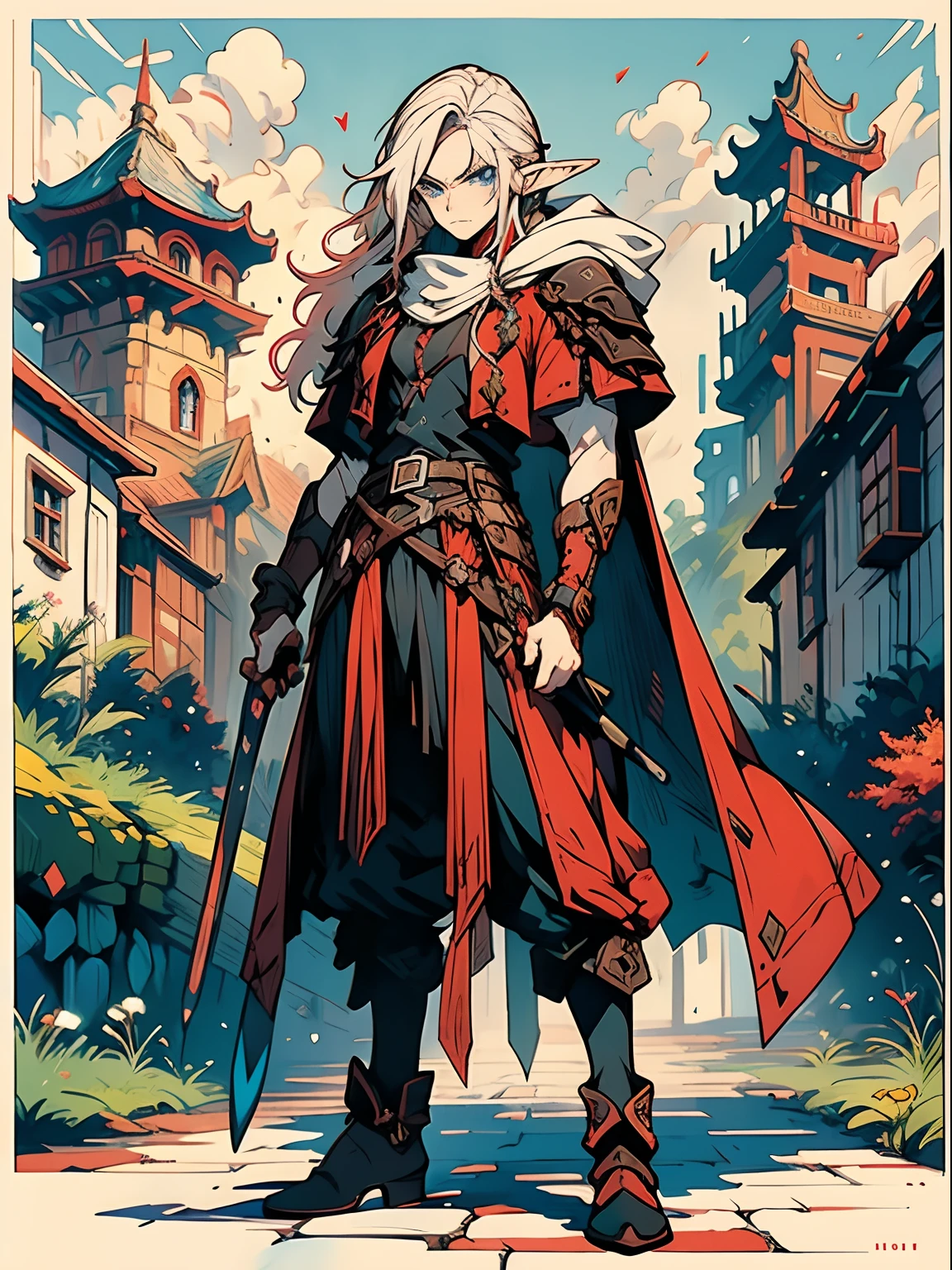 Young 20s handsome elf ,man, long red and white hair, wearing black wizard outfit, with serious face, blue eyes, character, anime, RPG, hand-drawn, high details, medieval city background