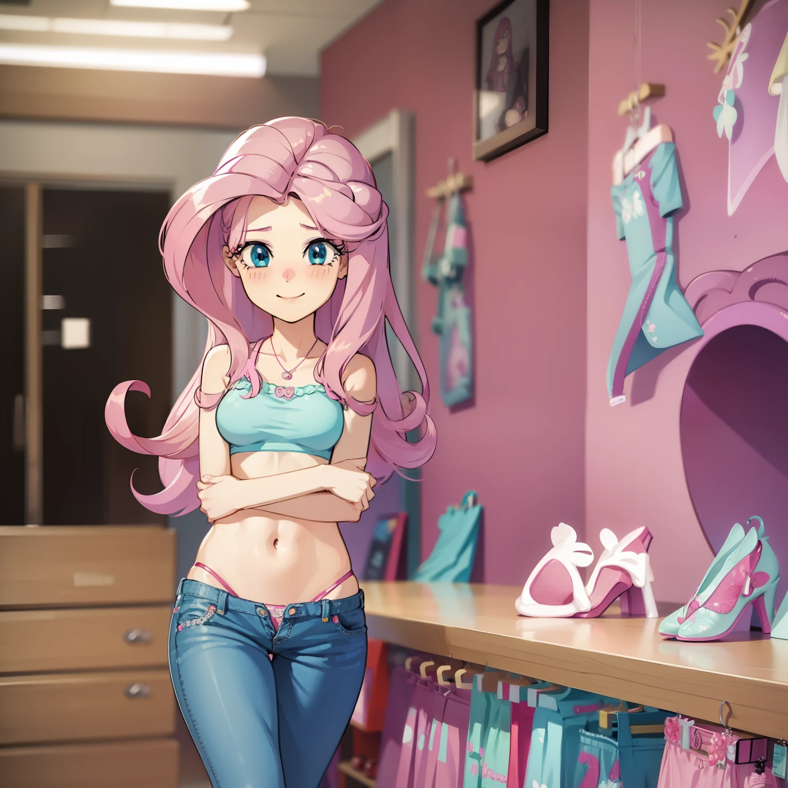 Fluttershy, sexy jeans, my pants are falling down, cute panties, sexy panties, Fluttershy Equestria girls, blushing, smiling cute, Fluttershy, cuerpo completo, high resolusion