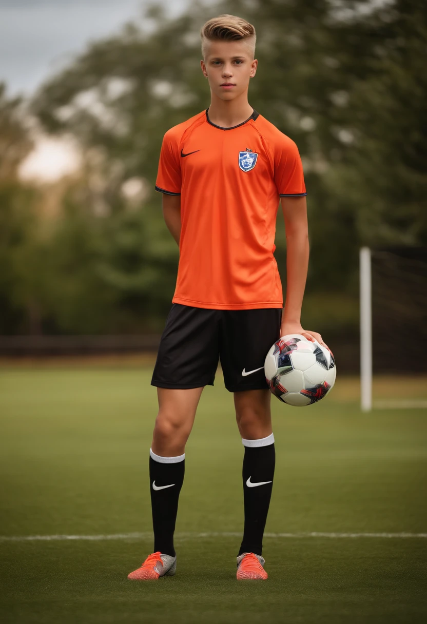 Arafed soccer player in orange shirt holding a soccer ball - SeaArt AI