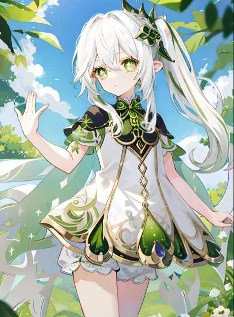 Nahida_Genshin,(White hair),cross-shaped pupils,default_Dress,Green Cape,