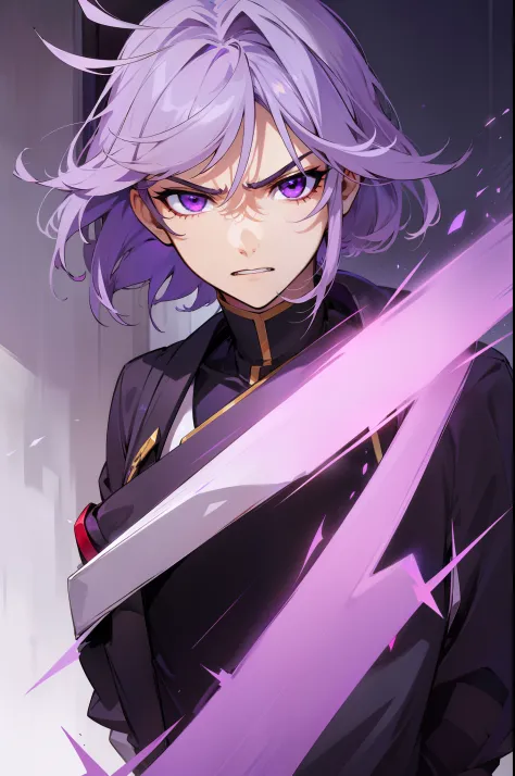 a-drei, valvrave the liberator, sharp purple eyes, lilac-gray hair, his left eye is obscured by his hair bangs, braided on bob h...